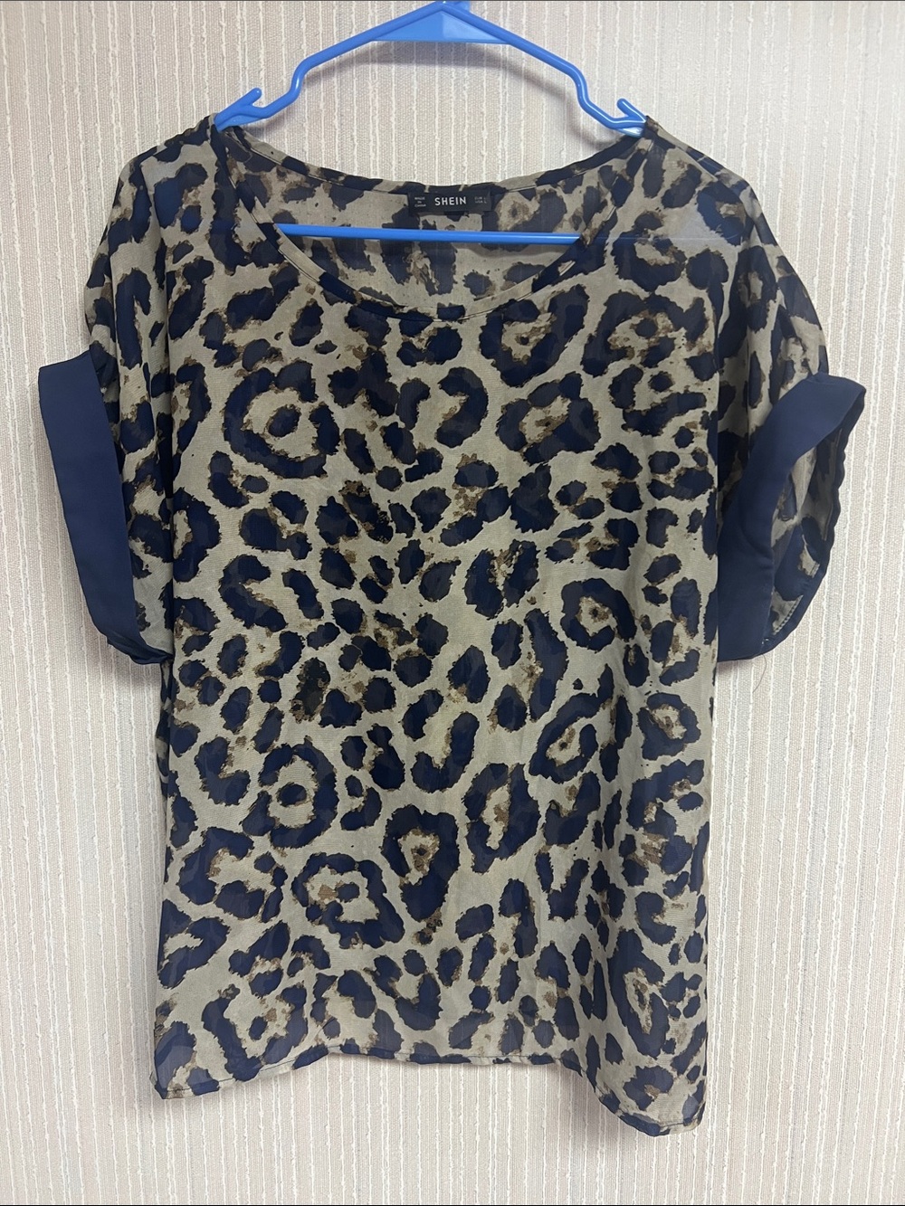 SHEIN NWOT L Navy and Khaki Leopard Print Short Sleeve Blouse